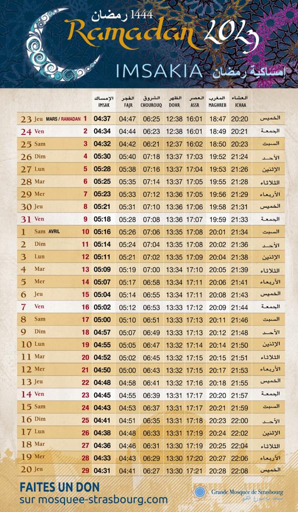 Horaires de prières Ramadan 2023